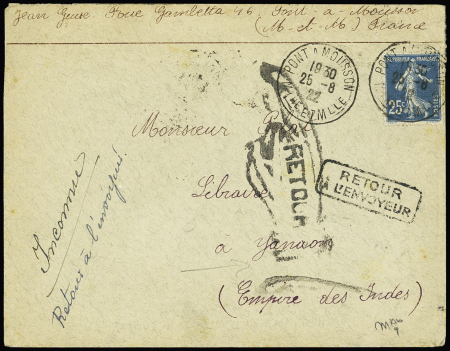 N°140 OBL Pont à Mousson (1922) sur lettre pour Yanaon (Inde) avec grande griffe noire dans une main "retour". TB