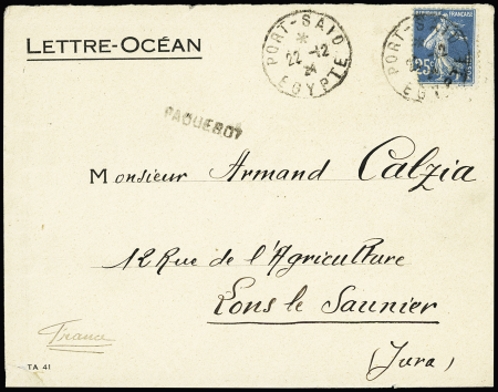 N°140 (def) OBL CAD 1 cercle "Port-Saïd Egypte" (1924) + griffe "paquebot" sur env. "lettre-océan" avec formule bleue "lettre-océan" provenance paquebot Ville de Metz. TB