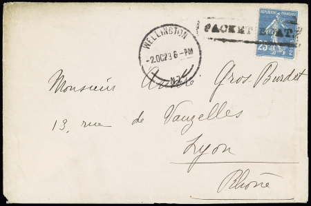 N°140 OBL griffe encadrée "Packet boat" + CAD "Wellington NZ" (1923) sur lettre. Rare et TB