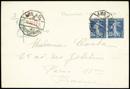 N°140 en paire OBL CAD octogonal "AMB. ASD Santander - Madrid" (1923) sur lettre à en-tête "Paquebot Espagne". TB