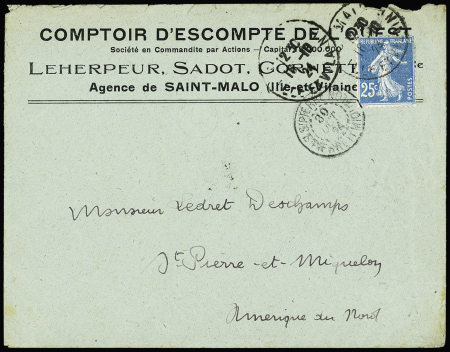 N°140 OBL St Malo (1924) sur lettre avec au recto petit CAD d'arrivée "St Pierre - St Pierre et Miquelon". TB