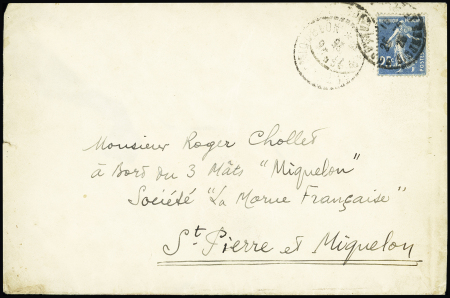 N°140 OBL Bordeaux (1925) sur lettre adressée au 3 mâts "Miquelon" société La Morue Française à St Pierre et Miquelon avec CAD tireté d'arrivée au recto (Grande Pêche)
