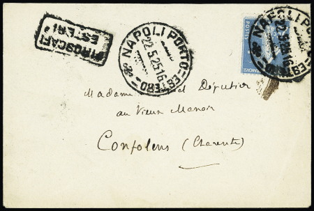 N°140 OBL CAD italien d'entrée maritime "Napoli porto estero" (1925) répété à côté + cachet rect noir "Piroscafi esteri" sur lettre. TB
