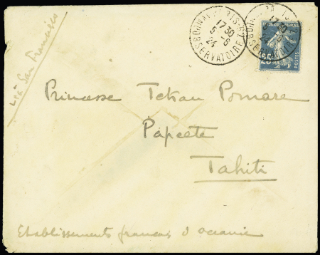 N°140 OBL Paris 52 (1924) sur lettre adressée à la princesse Pomare à Papeete (Tahiti). TB