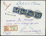 N°140 en bande verticale de 4 OBL CAD "Mulhouse 3 Haut Rhin" (1922) sur lettre recommandée pour Foundiougne (Sénégal)