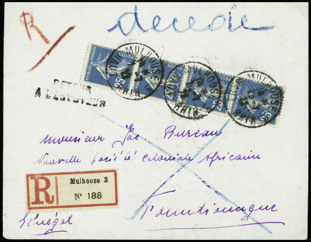 N°140 en bande verticale de 4 OBL CAD "Mulhouse 3 Haut Rhin" (1922) sur lettre recommandée pour Foundiougne (Sénégal)