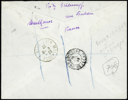 N°140 en bande verticale de 4 OBL CAD "Mulhouse 3 Haut Rhin" (1922) sur lettre recommandée pour Foundiougne (Sénégal)