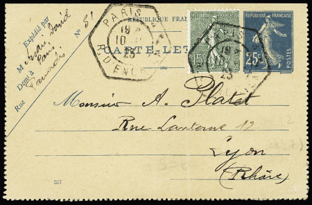 N°130 sur entier carte-lettre n°140 OBL grand CAD hex à cercle intérieur "Paris 4 R. d'Enghien" (1923). TB