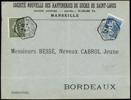 N°130 + 140 OBL hex à cercle intérieur de levée exceptionnelle "Marseille Bouches du Rhone" (1922) sur lettre. Jolie pièce