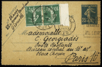Entier carte-lettre n°140 OBL Grenoble (1923) avec n°159 en paire utilisée comme taxe de poste restante OBL Paris XVI Pl. Chopin. TB