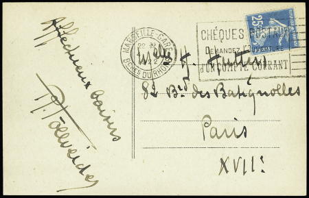 N°140, faux pour tromper la poste OBL mec de Marseille-gare (1922) sur carte postale. RR et TB