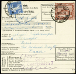 Mandat de poste international du territoire de la Sarre pour Paris AFF Sarre n°97 OBL Saarbrucken 3 (1925) + France n°140 OBL Paris 91 utilisé comme taxe de factage à 25c. TB