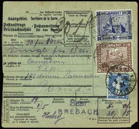 Mandat de poste international du territoire de la Sarre pour Paris avec Sarre n°86 + 88 + France n°140 OBL CAD "Paris X distribution" (taxe de factage à 25c). TB