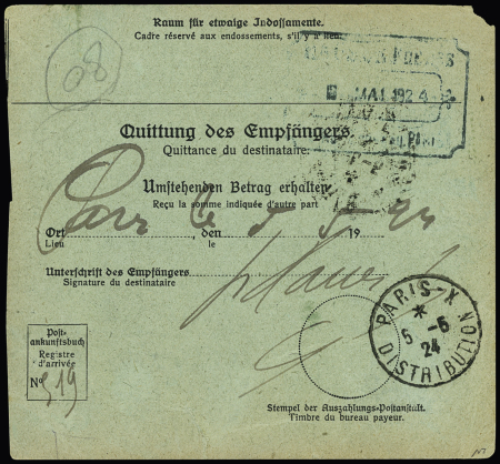 Mandat de poste international du territoire de la Sarre pour Paris avec Sarre n°86 + 88 + France n°140 OBL CAD "Paris X distribution" (taxe de factage à 25c). TB