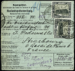 Mandat de poste du territoire de la Sarre AFF Sarre n°96, 2 pièces, avec au verso France n°140 OBL Strasbourg Principal (1925 - taxe de factage). TB