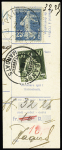 Talon de mandat de poste international avec Suisse n°124 OBL CAD "Lausanne mandats" (1924) + France n°140 OBL Paris (taxe de factage à 25c). Rare et TB