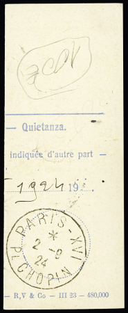 Talon de mandat de poste international avec Suisse n°124 OBL CAD "Lausanne mandats" (1924) + France n°140 OBL Paris (taxe de factage à 25c). Rare et TB