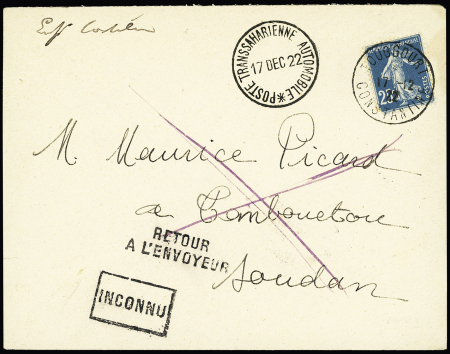 N°140 OBL cat "Touggourt Constantine" (17.12.22) à côté CAD "Poste transsaharienne automobile" (17 dec 22) sur lettre pour Tombouctou (Croisière Noire Citroën). Rare et TB