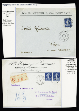 2 lettres : n°140, 2 pièces OBL CAD "Alexandrie Egypte" (1916) sur lettre recommandée et n°140 OBL CAD "Port Saïd Egypte" (1912) sur lettre simple. TB