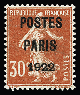 N°32 30c rouge "Semeuse" surchargé "POSTES/PARIS/1922",
