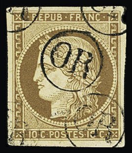 N°1 10c bistre avec 5 cachets "OR", TTB