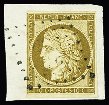 N°1 10c bistre-jaune sur fragment, obl. PC, TB, signé