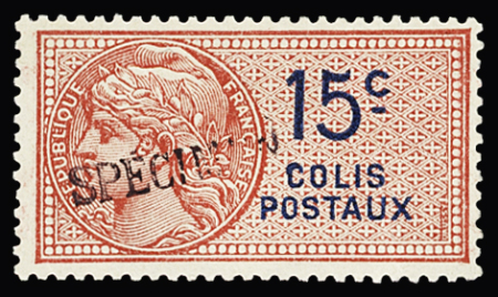 Colis Postaux n°1, 15c dentelé, surchargé "Specimen",