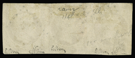 N°18 1f carmin en bande de trois, obl., TTB, RR. Signé