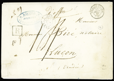 Lettre recommandée avec T15 "Courçon d'Aunis (16)" (1847) + "R" carré noir + mention manuscrite "d'office" et taxe 14 manuscrite. Rare et TB