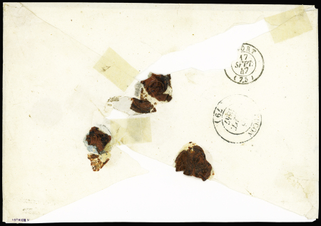 Lettre recommandée avec T15 "Courçon d'Aunis (16)" (1847) + "R" carré noir + mention manuscrite "d'office" et taxe 14 manuscrite. Rare et TB