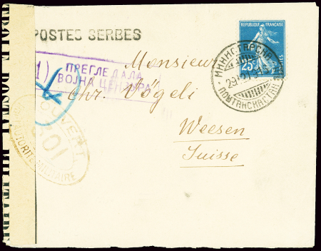 N°140 OBL CAD du bureau postal ministériel serbe (1916) avec à côté griffe "Postes serbes" et censure sur lettre pour la Suisse. TB
