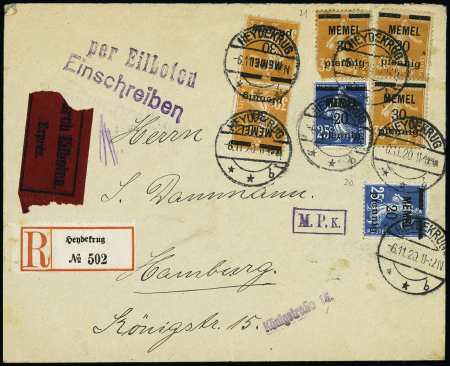 Memel n°20, 2 pièces + n°21, 5 pièces, OBL CAD à pont "Heydekrug" (1920) sur lettre recommandée exprès pour Hambourg. Bel AFF. TB