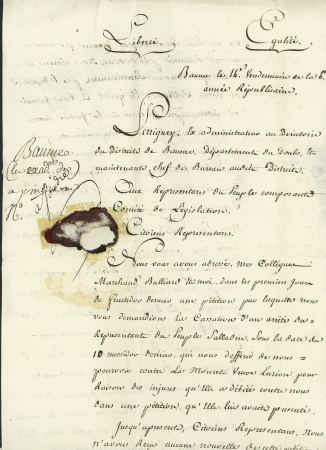 MP "24 Baume les" (an 4 - nom révolutionnaire après suppression du mot "Dames") sur lettre pour Paris, ind 18. TB