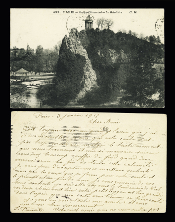 CPFM avec OBL mec caviardée "Paris XIX" (1915) avec 7 lignes horizontales 'R. d'Allemagne débaptisée en 1914 (on joint une CP avec l'ancienne OBL). RR et TB