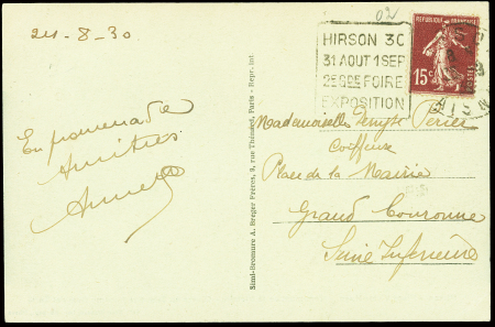 N°189 OBL "Hirson Aisne" (1930) + Daguin à gauche "Hirson 31 aout 1 sept 2e Gde foire exposition". TB