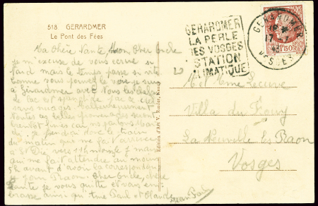 N°517 OBL "Gerardmer Vosges" (1942) + Daguin à gauche "Gerardmer la perle des Vosges station climatique" sur carte postale. Rare (les Daguins avaient été supprimés à l'automne 1940). TB