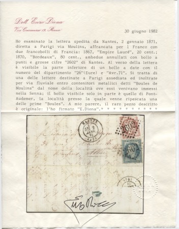Boules de Moulins : n°29 + 49 OBL GC 2602 + T17 Nantes (2 janv 71) sur lettre avec CAD partiel de repêchage de Pont Audemer (5 avril 1871) sans la griffe de repêchage de Quillebeuf. Certificat Diena. TB