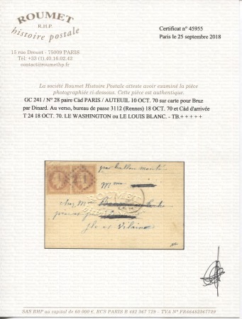 LE WASHINGTON n°28 en paire OBL GC 241 + CAD "Paris