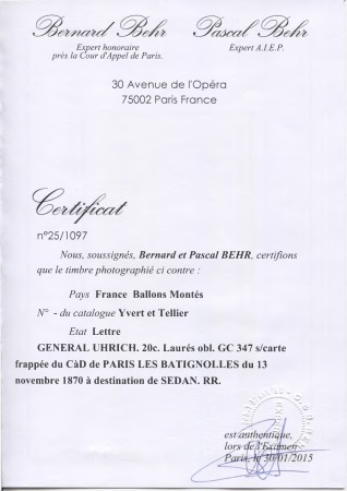 LE GENERAL UHRICH n°29 OBL GC 347+ CAD "Paris Les Batignolles"