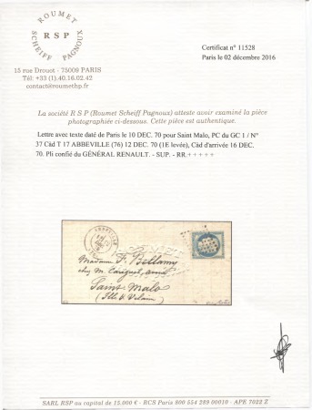 LE GENERAL RENAULT n°37 OBL PC du GC 1 + CAD T17 Abbeville