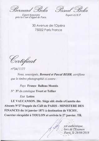 LE VAUCANSON n°37 OBL étoile 35 + CAD "Paris Ministère