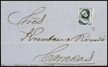 1863-64 1r Blue, uneven margins, cancelled by two numeral