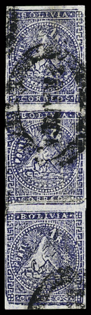 1863 "Challas" issue 1r blue in vertical strip of three,