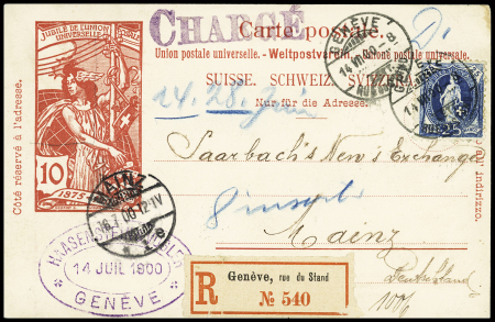 1900-03 25C blau als Zusatzfrankatur auf UPU R-Postkarte