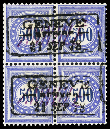 1878 500C blau, Type I / N, Viererblock entwertet mit