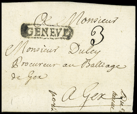 17. Februar 1752 - Genf nach Gex - Faltbrief mit Kastenstempel