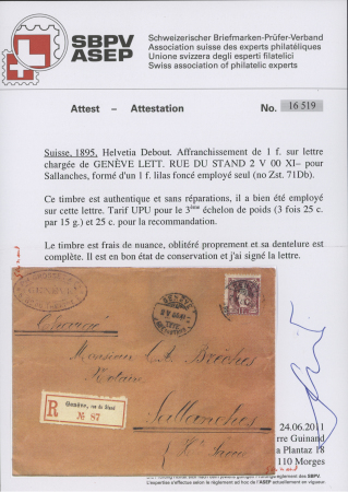 1894-1900 1Fr. lila als EINZELFRANKATUR auf Reco-Briefumschlag