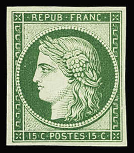 N°2e 15c vert clair, réimpression de 1862, neuf *,