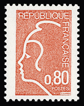 N°1862A Non émis, Marianne de Durrens, 80c rouge,