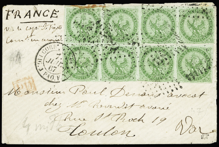 1867 Enveloppe avec deux bandes du type Aigle 5c vert